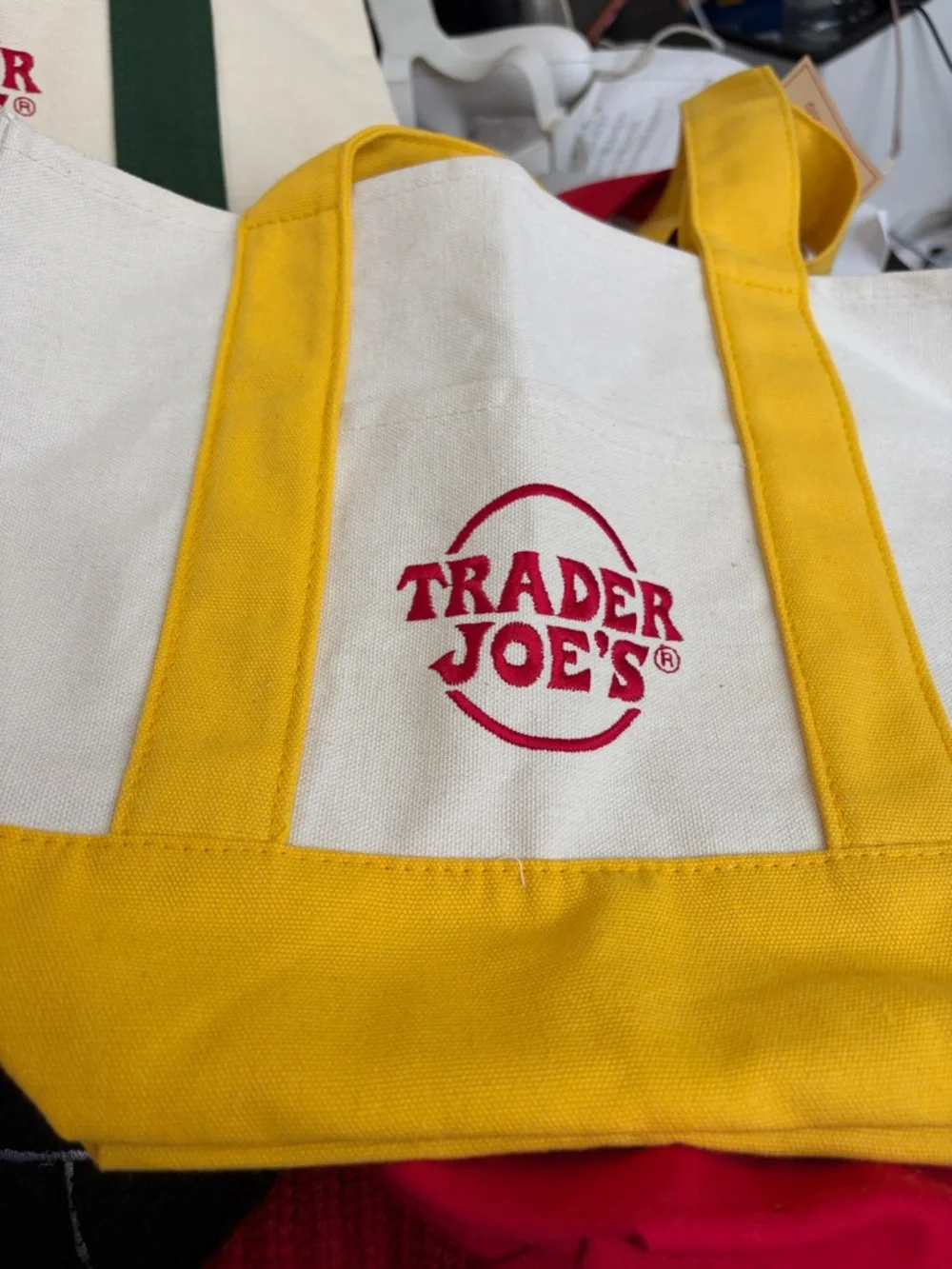 Trader Joe’s mini canvas tote - yellow , green redo or blue NWT - Picture 2 of 4